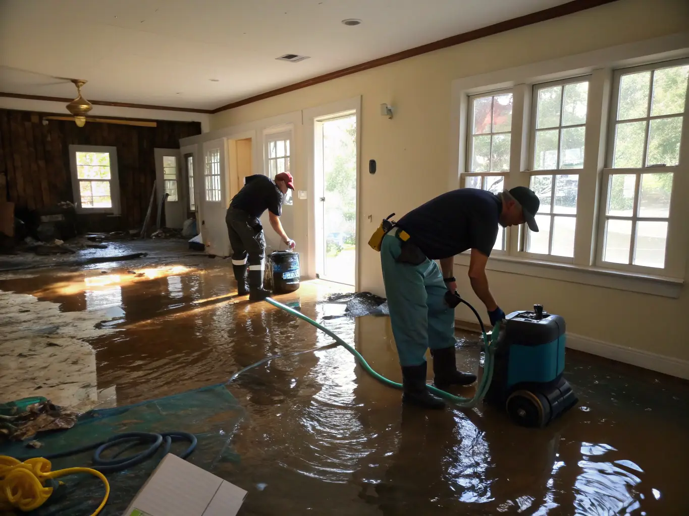 A flooded basement with restoration equipment visible, showcasing the initial stages of water removal and damage assessment by Cartersville Water Damage 24/7.